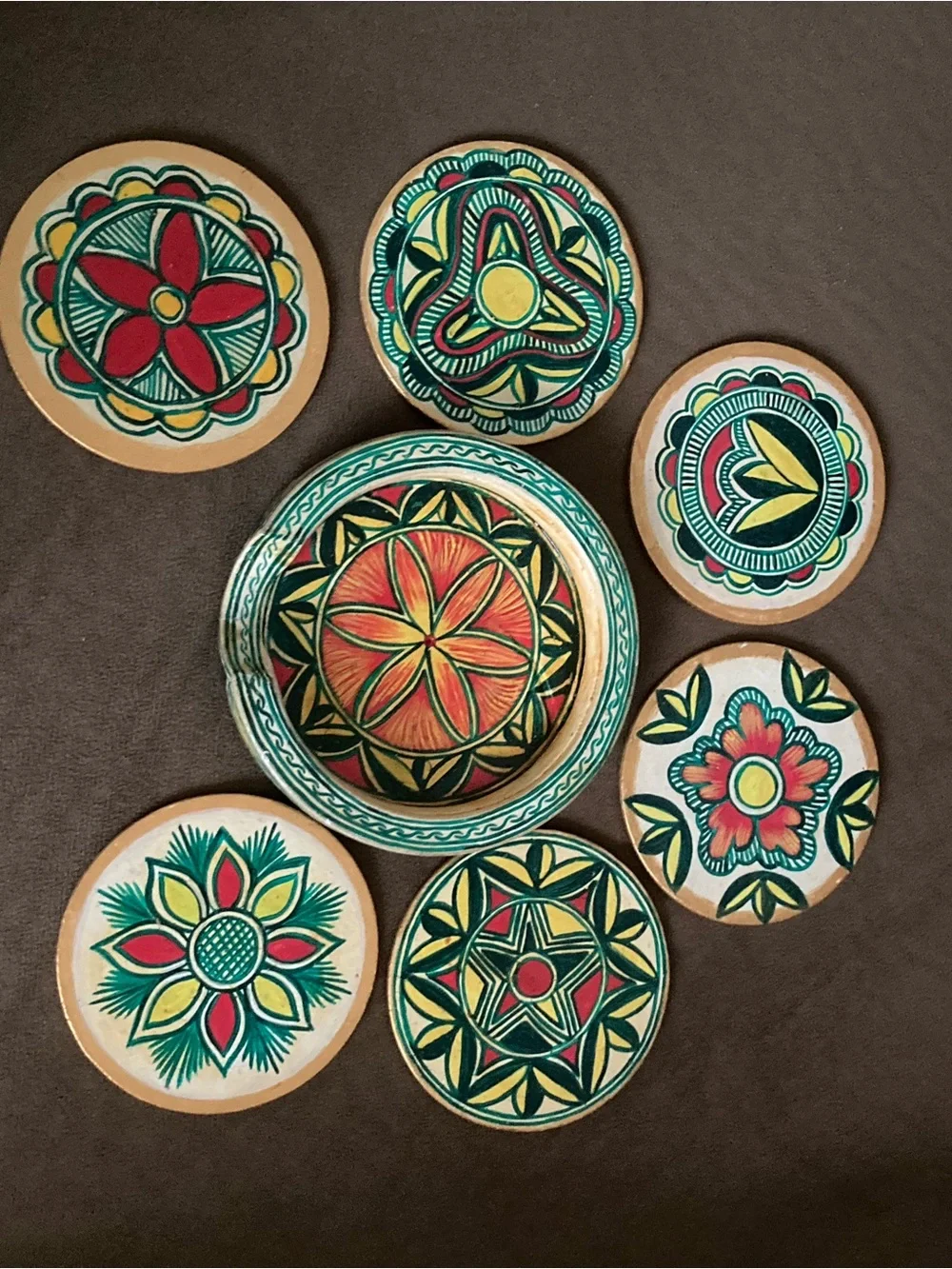 Hand-Painted Ceramic Trinket Dish in Teal, Red & Yellow